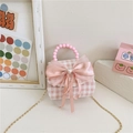 Mini borsa a mano rosa e bianca a scacchi per bambina con fiocco e cuore di perle - Quadri Rosa