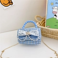 Blaue Handtasche für Mädchen mit Hahnentritt-Muster, Schleife, Perlen und Kette - Blau Hahnentritt