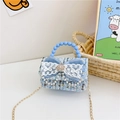Hellblaue Tweed-Tasche für Mädchen mit Perlengriff und Schleife modisches Accessoire - Blau & Weiß