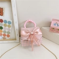 Mini borsa bambina in tweed rosa e bianco con fiocco grande e cuore di perle - Pied de Poule Rosa