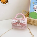 Mädchen Mini-Tasche aus rosa Hahnentritt-Tweed mit Schleife und Perlen-Tragegriff - Rosa Hahnentritt