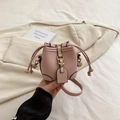 Pink litchi grain leather mini bucket bag with gold hardware and drawstring for girls - Pink
