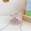 Portamonete in tweed rosa per bambina con fiocco in pizzo, manico in perle e corona - Quadri Patchwork Rosa Blu