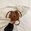 Brown mini bucket bag for girls in lychee grain leather with drawstring closure - Brown