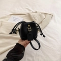 Miniature black litchi pattern leather bucket bag for girls with gold hardware details - Black