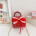 Sac bandoulière fille en tweed rouge et blanc avec grand nœud et poignée perlée - Rouge Patchwork