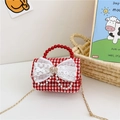 Mini borsa rossa per bambine in tweed pied-de-poule con fiocco e manico di perle - Pied de Poule Rosso