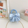 Mini sac à main bleu clair avec motif pied-de-poule, nœud en satin et anse perlée - Pied-de-poule bleu