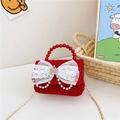 Borsa rossa in tweed per bambina con fiocco in pizzo, manico in perle e catena - Rosso