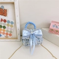Mini sac bandoulière en tweed bleu clair pour filles avec nœud et perles - Bloc de Couleur Bleue
