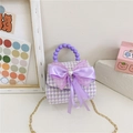 Mini sac à main en tweed violet avec gros nœud, perle cœur et poignée perlée pour filles - Violet