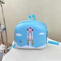 Sky blue kids ergonomic backpack featuring cartoon space shuttle and rocket designs - Blue Rocket