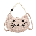 Handmade crochet beige cat bag with pearl handle and knit strap for girls - White