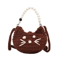 Handmade dark brown crochet cat bag with pearl handle and long strap for girls - Dark Coffee