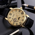 Men's automatic gold mechanical watch with black leather strap and moon phase dial - Gold Case Gold Dial Black Strap