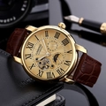 Men's automatic mechanical watch with gold dial, moon phase, and brown leather strap - Gold Case Gold Dial Brown Strap