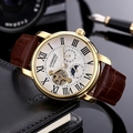 Classic automatic mechanical gold watch with moon phase on brown leather strap - Gold Case White Dial Brown Strap
