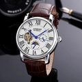 Detail of automatic mechanical watch showing Roman numerals and blue hands on white dial - Silver Case White Dial Brown Leather Strap