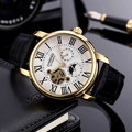 Men's gold automatic mechanical watch with black leather strap and moon phase dial - Gold Case White Dial Black Strap