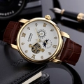 Macro shot of men's automatic mechanical watch with white dial and open flywheel detail - Gold Case White Dial Brown Strap