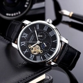 Men's automatic mechanical watch with black leather strap and open-heart skeleton dial - Silver Case Black Dial Black Strap