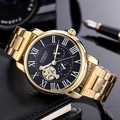 Men's automatic gold stainless steel business watch with Roman numerals and moon phase - Black Dial