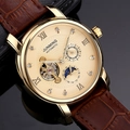 Gouden automatisch mechanisch horloge met bruine leren band en maanfaseweergave - Gouden Wijzerplaat Gouden Kast Bruine Band