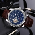 Men's automatic mechanical watch with blue dial, silver steel case, and brown leather strap - Black Face Brown Strap