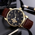 Men's automatic mechanical watch with rose gold case, leather strap and moon phase dial - Gold Case Black Dial Brown Strap