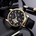 Business automatic mechanical watch with black leather strap and gold diamond-set dial - Gold Case Black Dial Black Strap