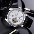 Men's automatic mechanical watch with silver diamond bezel and black leather strap - White Face Black Strap