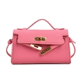 Pink lychee texture leather mini handbag for girls with gold metal turn-lock buckle - Large / Rose Red