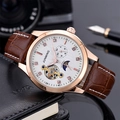 JUNMING Automatic Mechanical Men's Watch with Moon Phase and Brown Leather Strap - Rose Gold Case White Dial Brown Strap