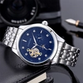 Men's automatic mechanical watch with blue moon phase dial and silver stainless steel band - Silver Case Black Dial