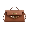 Caramel lychee textured children's handbag with gold metal clasp and contrast stitching - Large / Brown