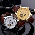Two luxury men's automatic mechanical watches with moon phase and leather straps - Gold Case Gold Dial Brown Strap