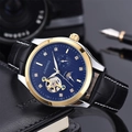 Men's automatic mechanical watch with blue dial, gold accents and black leather strap - Two-tone Case Black Dial Black Strap