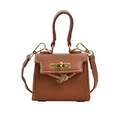 Brown mini leather handbag for girls with lychee texture and gold turn-lock closure - Small / Brown