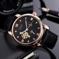 Men's automatic mechanical watch with rose gold case, moon phase, and black leather strap - Rose Gold Case Black Dial Black Strap