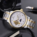 Detail of automatic mechanical business watch with moon phase on black leather wallet - Two-tone White Dial