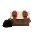 Brown and white colorblock girls cambridge bag with soft black pompom charm accessory - Brown