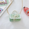 Green tweed crossbody bag with sequins pearl handle and bow for young girls - Style 2 Green