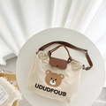 Borsa in tela beige per bambini con ricamo a forma di orso e tracolla marrone regolabile - Grande