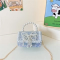 Cute light blue sequin tweed kids bag with large pearl bow and gold chain strap - Style 2 Blue