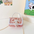 Pink tweed kids crossbody bag with pearl bow and golden chain strap for girls - Style 2 Red