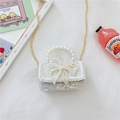 Cute white tweed girls crossbody bag with large pearl handle and oversized bow detail - Style 2 White