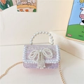 Pink tweed girls mini crossbody bag with large pearl bow and gold chain strap - Style 2 Pink