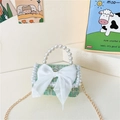 Green tweed crossbody bag with pearl handle and large white chiffon bow for girls - Style 3 Green