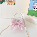 Pink tweed girls crossbody bag with large bow, pearl handle and gold chain strap - Style 3 Pink