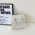 Cream white retro style PU leather kids backpack with two round gold metal buckles - White